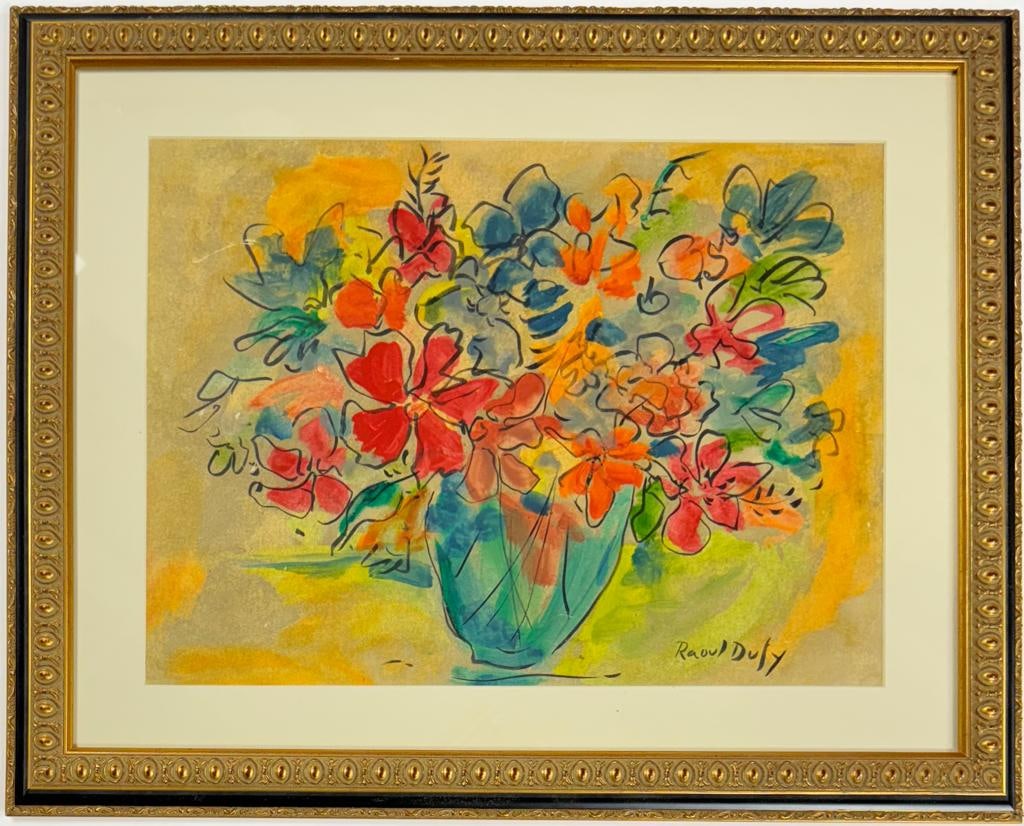 Raoul Dufy French 1877-1953 Watercolor on Paper Flowers Fauvism Derain Matisse Delaunay Vlaminck Era: This watercolor on paper artwork captures a vase filled with vibrant flowers. It measures 13 x 17 inches and was created using the watercolor on paper technique. Currently part of a private collection