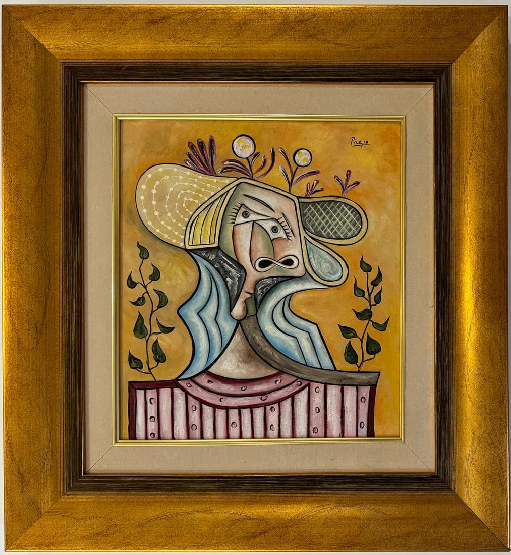 Pablo Picasso Spanish 1881 1973 Oil On Canvas Painting Cubism Braque Juan Gris: A framed oil on canvas artwork featuring a woman with a hat, employing the cubist technique and measuring 16 x 14 inches, is part of a private collection. This piece reflects the artistic style remini