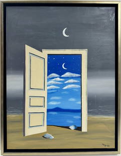 Rene Magritte Belgian 1898 - 1967 Untitled Oil on Canvas Painting Dali Miro Chirico Era: This enchanting surrealist oil painting on canvas portrays a captivating scene, symbolizing an entrance to the night by the beach.The work measures 25 x 31 Inches. This particular piece is rendered in