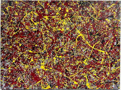 Jackson Pollock American Oil on canvas Painting Appraisal Rothko Kline de Kooning O'Keeffe Era.: This abstract oil on canvas painting, measuring 35 x 47 inches, employs predominantly red, yellow and black hues with distinctive traces indicative of the artist's style. Its captivating history trace