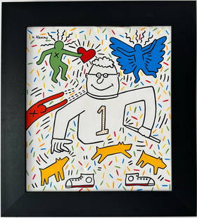 Keith Haring American 1958 - 1990 Acrylic on canvas Painting Appraisal Warhol Haring Pop Art Era.: An acrylic on canvas painting, expertly executed with dimensions measuring 20 x 18 inches. The provenance of this artwork is traced to a Private Collection in New York, acquired by a friend of the