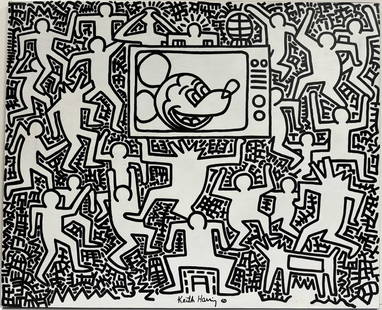 Keith Haring American 1958 - 1990 Acrylic on canvas Painting Appraisal Warhol Haring Pop Art Era.: An acrylic on canvas painting depicting people dancing and a television with a mickey head. measuring 35 x 43 inches. The provenance of this artwork is traced to a Private Collection in New York, acqu