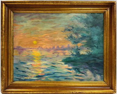 Claude Monet French 1840 - 1926 Oil on canvas Painting Impressionism Renoir Manet Pissarro Era.: This stunning oil painting on canvas portrays the serene beauty of a sunset casting its warm hues over the water. The artist skillfully captures the tranquil scene, using the medium to enhance the ric