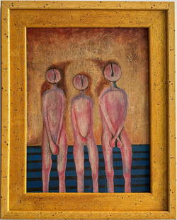 Rufino Tamayo Mexican 1899 - 1991 Oil on Canvas Painting Latin American Kahlo Rivera Era.: This oil painting on canvas portrays three upright human figures in a striking shade of red. The artist adeptly captures the essence of the scene, using the medium to emphasize the bold color and dist