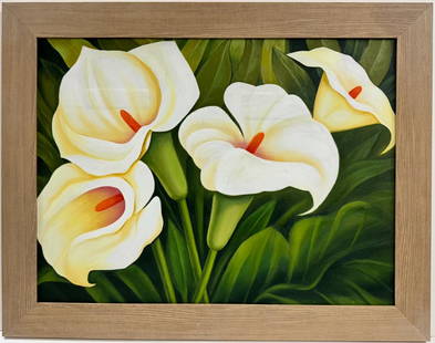 Georgia O'Keeffe American 1887 - 1986 Untitled Oil On Canvas Painting Modern American Art Flower: A stunning and distinctive oil on canvas artwork portraying beautiful flowers, characterized by warm hues. The dimensions of the piece are 23 1/2 x 31 inches. The painting has a provenance from a priv