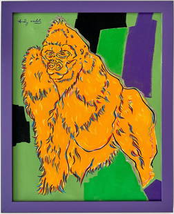 Andy Warhol American 1928-1987 Acrylic on canvas Painting Pop Art Era: This acrylic on canvas painting showcases a yellow gorilla set against a vibrant backdrop of green and purple, embodying a distinct pop art style. The dimensions of this lively piece are 24 x 16 inche