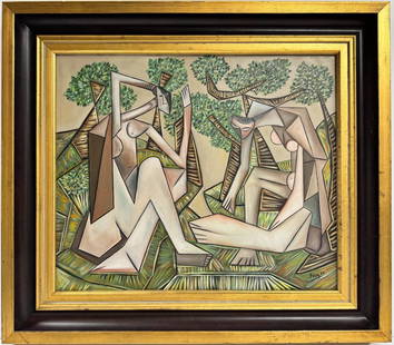 Pablo Picasso Spanish 1881-1973 Oil On Canvas Painting Dali Magritte Braque Juan Gris: A framed oil painting on canvas showcases a cubist interpretation of two female figures in a forest. The elegant piece, measuring 21 x 25 inches, is part of a private art collection. This artwork