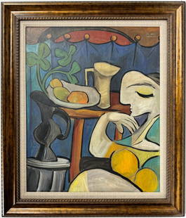 Pablo Picasso Spanish 1881-1973 Oil On Canvas Painting Dali Magritte Braque Juan Gris: A gracefully framed oil painting on canvas, employing the cubist technique, portrays a seated woman with a prominent forehead surrounded by a table adorned with fruits and ornaments. The dimensions of