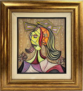 Pablo Picasso Spanish 1881-1973 Oil On Canvas Painting Dali Magritte Braque Juan Gris: A beautifully framed oil painting on canvas showcases a woman with a pink ribbon and features two faces separated by a red line, employing the cubist technique. The dimensions of the artwork are 16 x