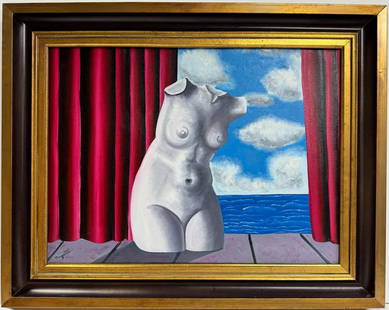 Rene Magritte Belgian 1898 - 1967 Untitled Oil on Canvas Painting Dali Miro Chirico Era: In a surrealist canvas painting, a headless female figure is depicted against a cloudy backdrop with a sea visible through a red curtain. The dimensions of the artwork are 23 x 31 inches, and it curre