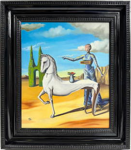 Salvador Dali Spanish 1904 - 1989 Oil on Canvas Painting Magritte Ernst Picasso Era: In the surrealist style, an oil on canvas painting illustrates a white horse acting as a table for a woman, measuring 24 x 20 inches. The artwork is currently in the possession of a private collector.