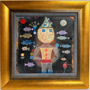 Paul Klee Swiss-German artist 1870-1940 Oil on Canvas Kandinsky Franz Marc Picasso Era: An oil on canvas painting depicting a clown surrounded by vibrant fish. The artwork has dimensions of 19 x 19 inches and is part of a private collection in Europe. It is enclosed in a