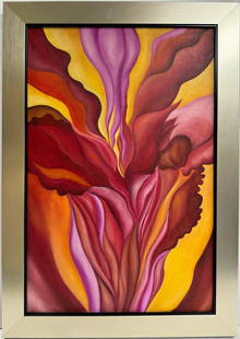 Georgia O'Keeffe American 1887 - 1986 Untitled Oil On Canvas Painting Modern American Art Flower: A remarkable and unique oil painting on canvas that captures the unfurling of a flower, distinguished by its warm and vibrant hues. The dimensions of the piece are 24 x 16 inches. The painting has a p