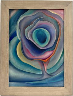 Georgia O'Keeffe American 1887 - 1986 Untitled Oil On Canvas Painting Modern American Art Flower: A remarkable and unique oil painting on canvas that captures the unfurling of a flower, distinguished by its vibrant hues. The dimensions of the piece are 27 1/2 x 20 inches. The painting has a