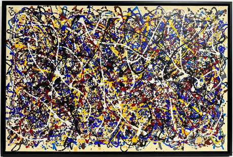 Jackson Pollock American Oil on Canvas Painting Rothko Kline de Kooning O'Keeffe Era.: This abstract painting, distinguished by the artist its use of colors—red, white, blue and black predominately in a tan surface —measures 24 x 38 inches. It comes from a private collection in NY.