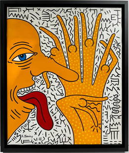 Keith Haring American 1958 - 1990 Acrylic/Canvas Painting Appraisal Warhol Haring Pop Art Era.: An acrylic painting on canvas depicts an orange character with a prominent nose and a hand surrounded by various characters. Measuring 24 x 20 inches, this piece is distinguished as an exceptional and