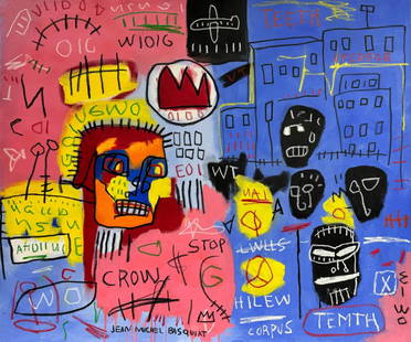 Jean Michel Basquiat Abstract Graffiti NY Expressionist Pollock Andy Warhol Era Acrylic on Canvas: This artwork, created using a combination of media on canvas, illustrates various heads surrounded by symbols. Measuring 42 X 49 inches, it stands out as an exceptional and substantial artwork,