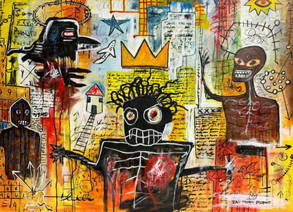 Jean Michel Basquiat Abstract Graffiti NY Expressionist Pollock Andy Warhol Era Acrylic on Canvas: This canvas artwork, crafted with mixed media, portrays various characters surrounded by symbols, with a crown positioned at the center. Measuring 31 x 43 inches, it stands out as an exceptional and s