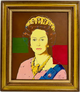 Andy Warhol American 1928-1987 The Queen Elizabeth  Acrylic on Canvas Painting Pop Art Era: This vibrant acrylic on canvas artwork features an iconic depiction of Queen Elizabeth. Measuring 24 x 20 inches, this captivating piece holds a fascinating history, originating from a private collect