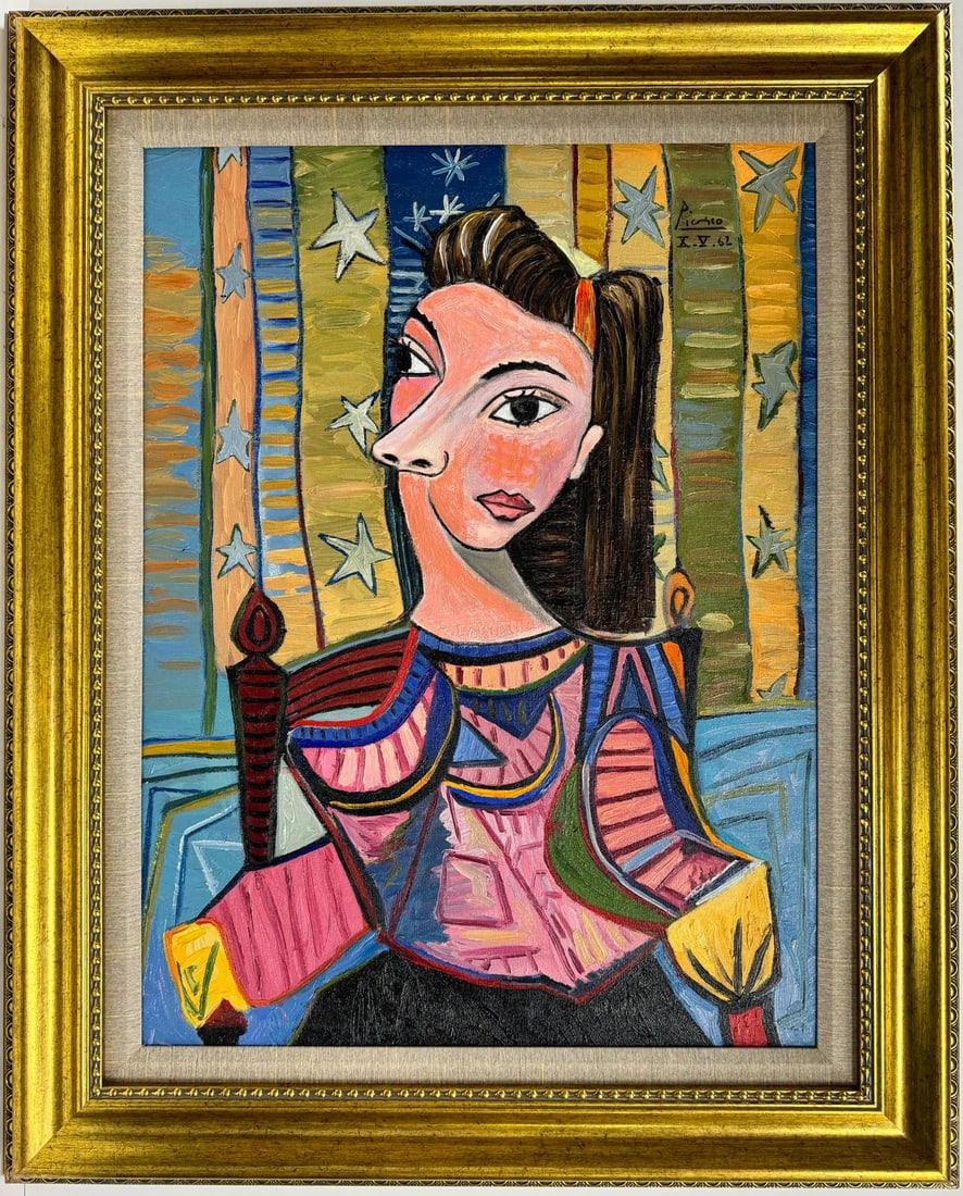 Pablo Picasso Spanish 1881-1973 Oil On Canvas Painting Dali Magritte Braque Juan Gris: A cubist rendition of a woman with distinctive features, including a unique nose and brown hair, seated in a chair is depicted in an oil painting on canvas. This refined artwork, measuring 31.5 x 23.5