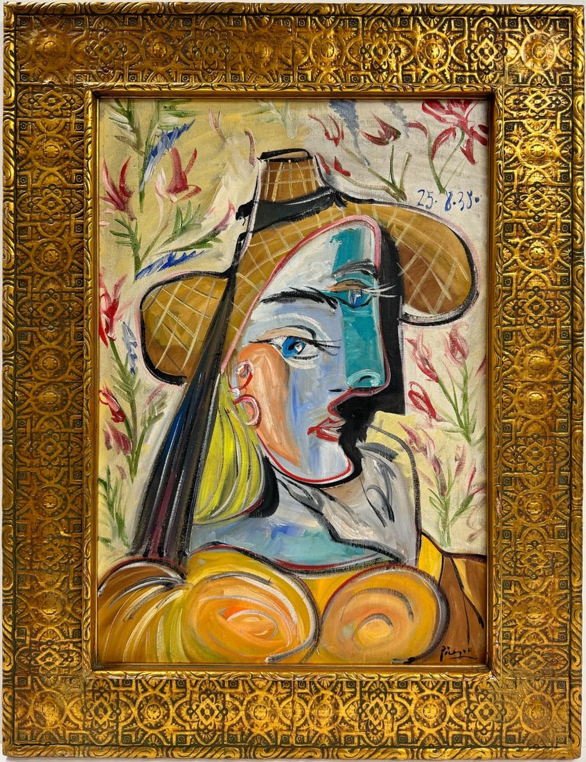 Pablo Picasso Spanish 1881-1973 Oil On Canvas Painting Dali Magritte Braque Juan Gris: A woman with black hair and a hat, along with a green nose, is depicted in an oil painting on canvas, framed and measuring 23.5 x 15.5 inches. This artwork is a part of a private collection.This artwo