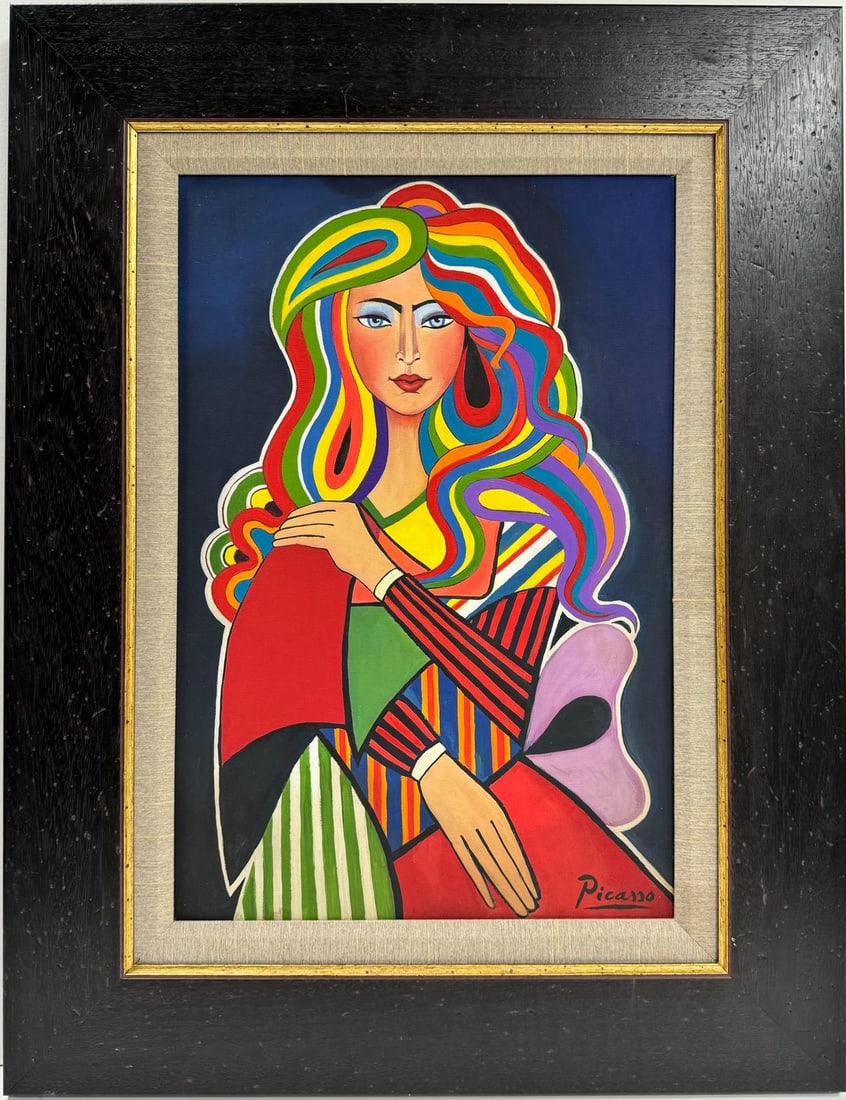 Pablo Picasso Spanish 1881-1973 Oil On Canvas Painting Dali Magritte Braque Juan Gris: A framed oil painting on canvas showcases a woman with vibrant and lengthy hair, adorned in a mostly red dress, presenting itself as a unique piece. With measurements of 23 x 16 inches, this artwork i