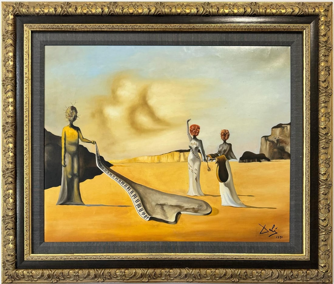 Salvador Dali Spanish 1904 - 1989 Oil on Canvas Painting Magritte Ernst Picasso Era: A surrealist oil on canvas painting portraying three women in a desert, measuring 22 x 28 inches, is within the confines of a private collection. This composition echoes Salvador Dali's surrealistic s