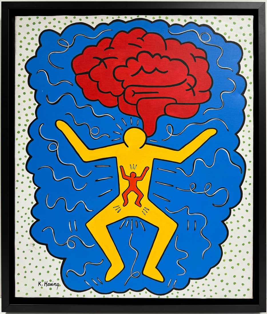 Keith Haring American 1958 - 1990 Acrylic/Canvas Painting Appraisal Warhol Haring Pop Art Era.: A canvas painted with acrylics portrays a yellow figure with a prominently large red brain on the exterior. Measuring 24 x 20 inches, this piece is distinguished as an exceptional and substantial work