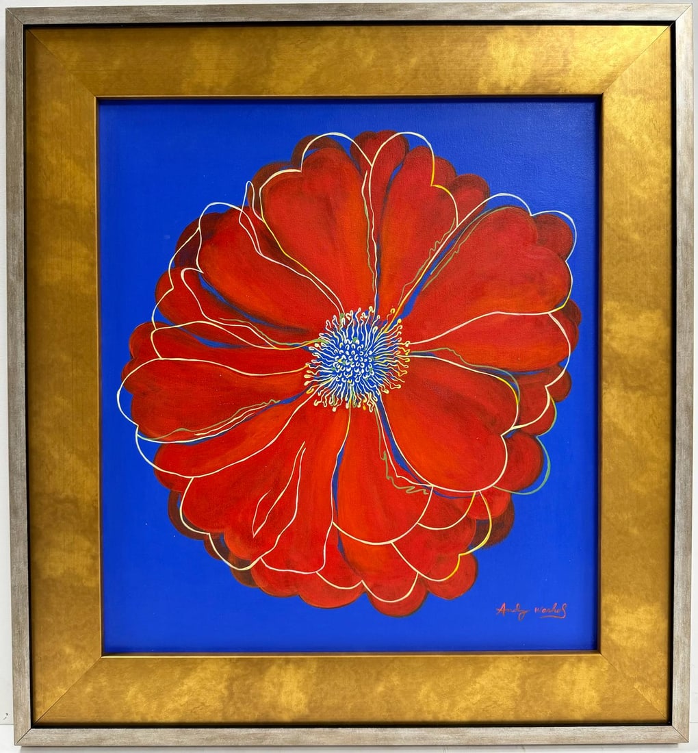 Andy Warhol American 1928-1987 Acrylic on Canvas Painting Basquiat Haring Pop Art Era: A lively acrylic painting on canvas showcases a red flower against a vibrant blue backdrop. Measuring 20 x 18 inches, this captivating piece is originating from a private collection. Executed with ski