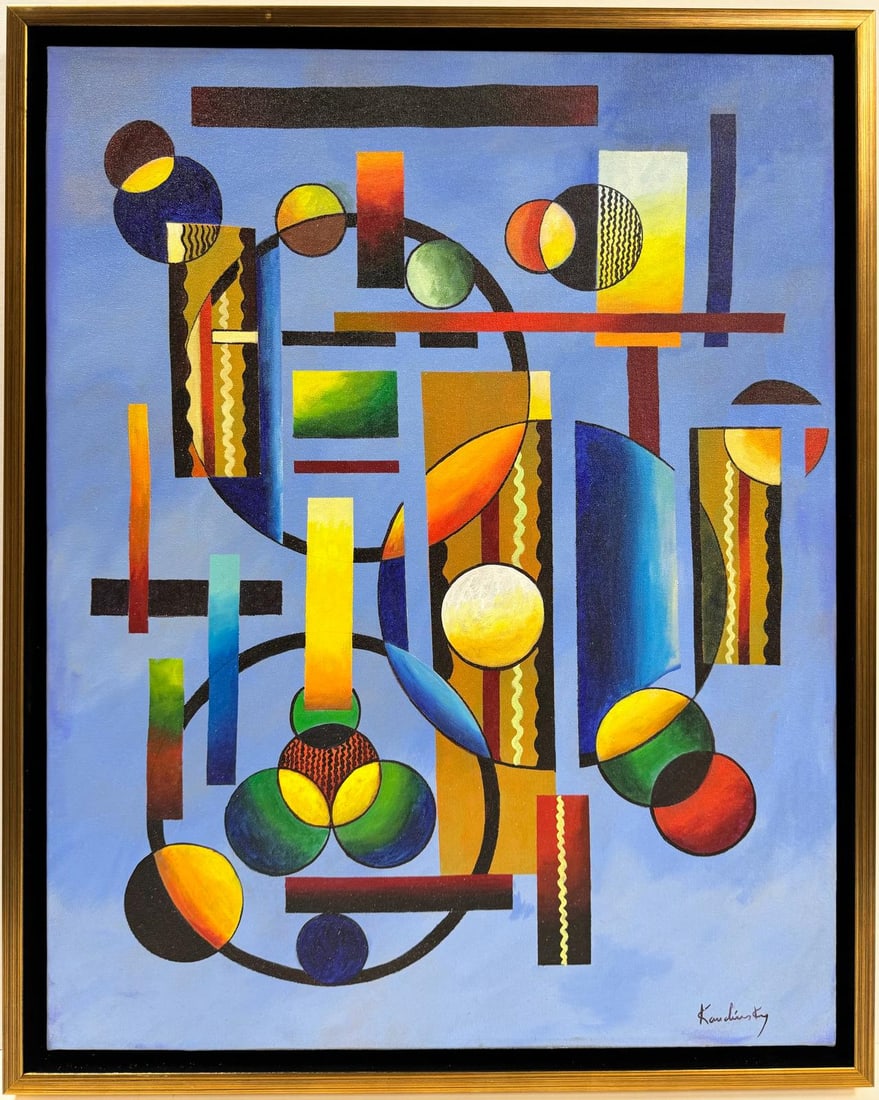 Wassily Kandinsky 1866 - 1944 Oil on Canvas. Mondrian. Kazimir Malevich Era: This abstract oil on paper painting, measuring 24 x 29 inches, showcases an abstract composition featuring geometric shapes and a vibrant palette. Originating from a private collection in Europe. Exec