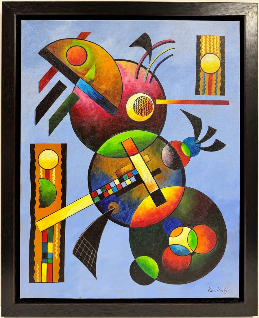 Wassily Kandinsky 1866 - 1944 Oil on Canvas. Mondrian. Kazimir Malevich Era: This abstract oil on paper painting, measuring 30 x 23 1/2 inches, showcases an abstract composition featuring geometric shapes and a vibrant palette. Originating from a private collection in Europe, 