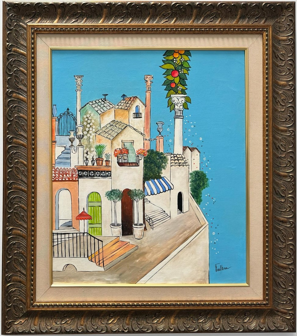 Henry Faulkner American 1924-1981 Oil on Canvas Picasso Dali Chagall Era: An oil-on-canvas painting skillfully depicts a cityscape against a blue background. Measuring 24 x 20 inches, this artwork originates from a private collection in the USA and is expertly framed.Americ