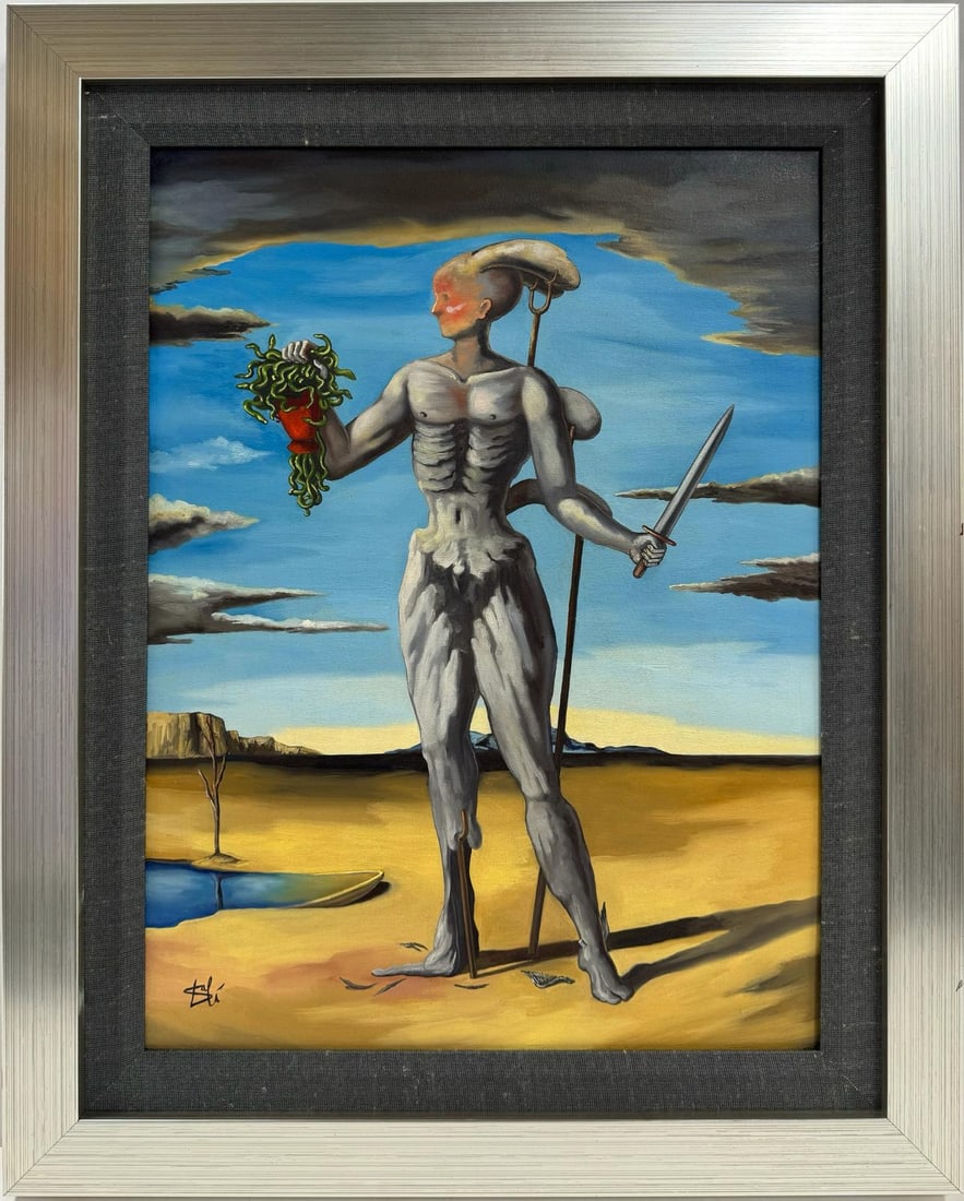Salvador Dali Spanish 1904 - 1989 Oil on Canvas Painting in the style of. Magritte Ernst Picasso Era: An exquisite surrealist oil painting on canvas captures a figure holding a sword within a surreal desert landscape. This artwork originates from a private collection in Spain..The artwork, measuring 2