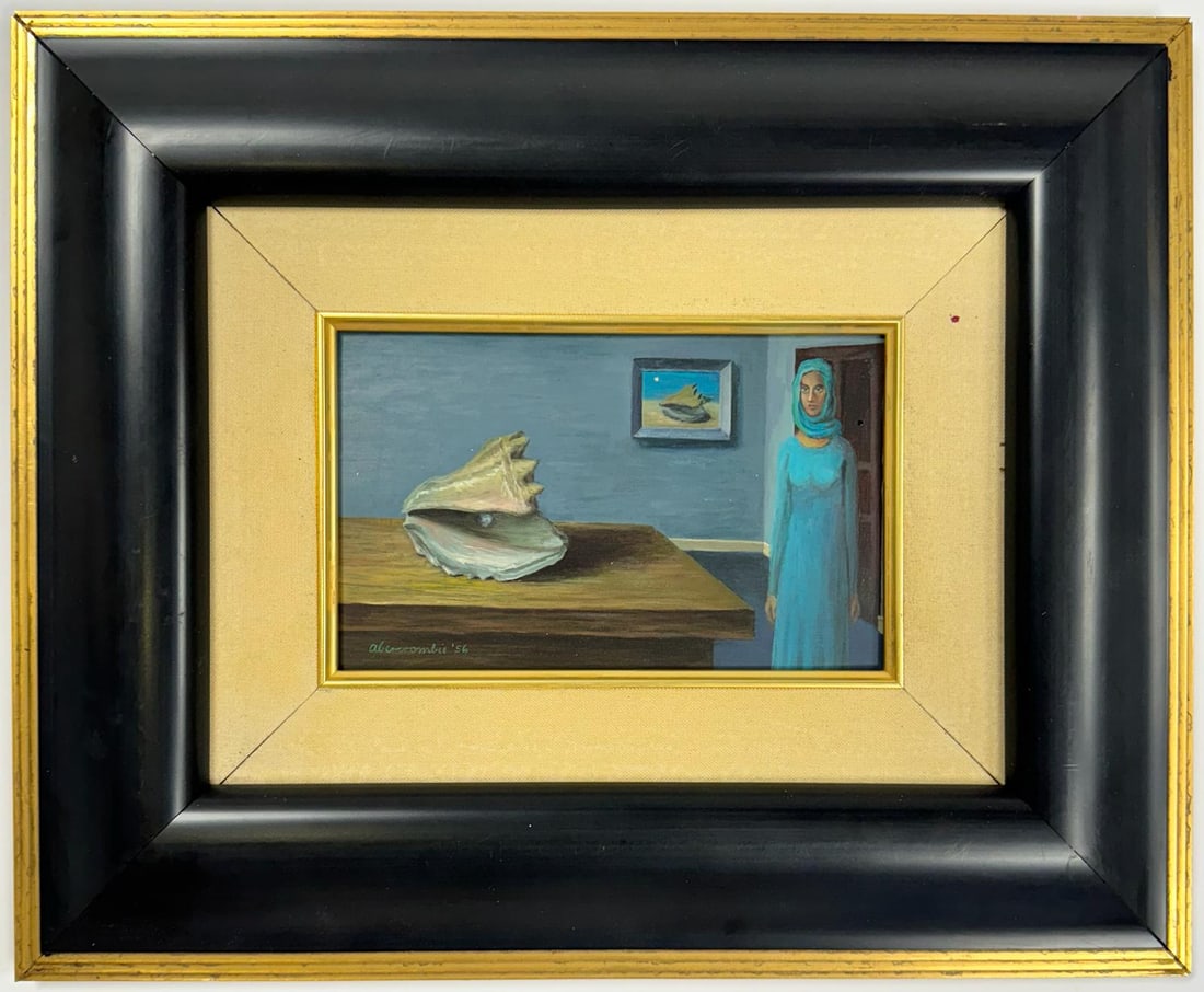 Gertrude Abercrombie American 1907-1977 Oil on Masonite Painting In The Style of. Magritte Dali Era.: A beautiful American surrealist painting created with the oil on Masonite technique, boasting dimensions of 5 1/2 x 8 1/2 inches. This artwork has a distinguished provenance, originating from a Privat