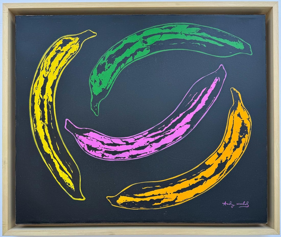 Andy Warhol American 1928-1987 Acrylic on Canvas painting. in the style of Basquiat Haring Era: An acrylic painting on canvas portraying four vibrant bananas against a black backdrop. Measuring 20 x 24 inches, it is currently part of a private collection in USA. Created with exceptional skill an