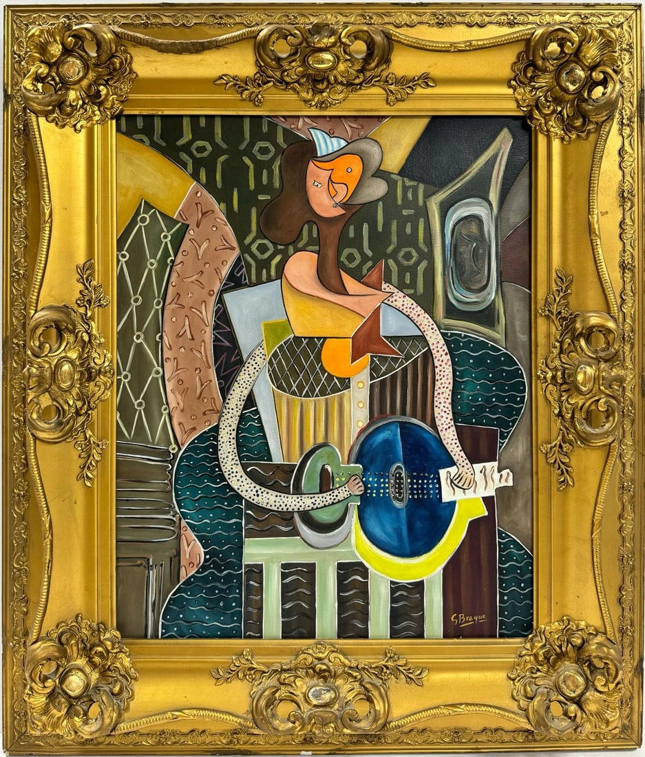 Georges Braque French 1882-1963 Oil on Canvas Painting in the style of. Picasso Juan Gris: This oil painting on canvas depicts a person with elongated arms playing a guitar. Measuring 20 x 16 inches, the artwork is part of a private collection in Europe and is presented within a frame. Fren