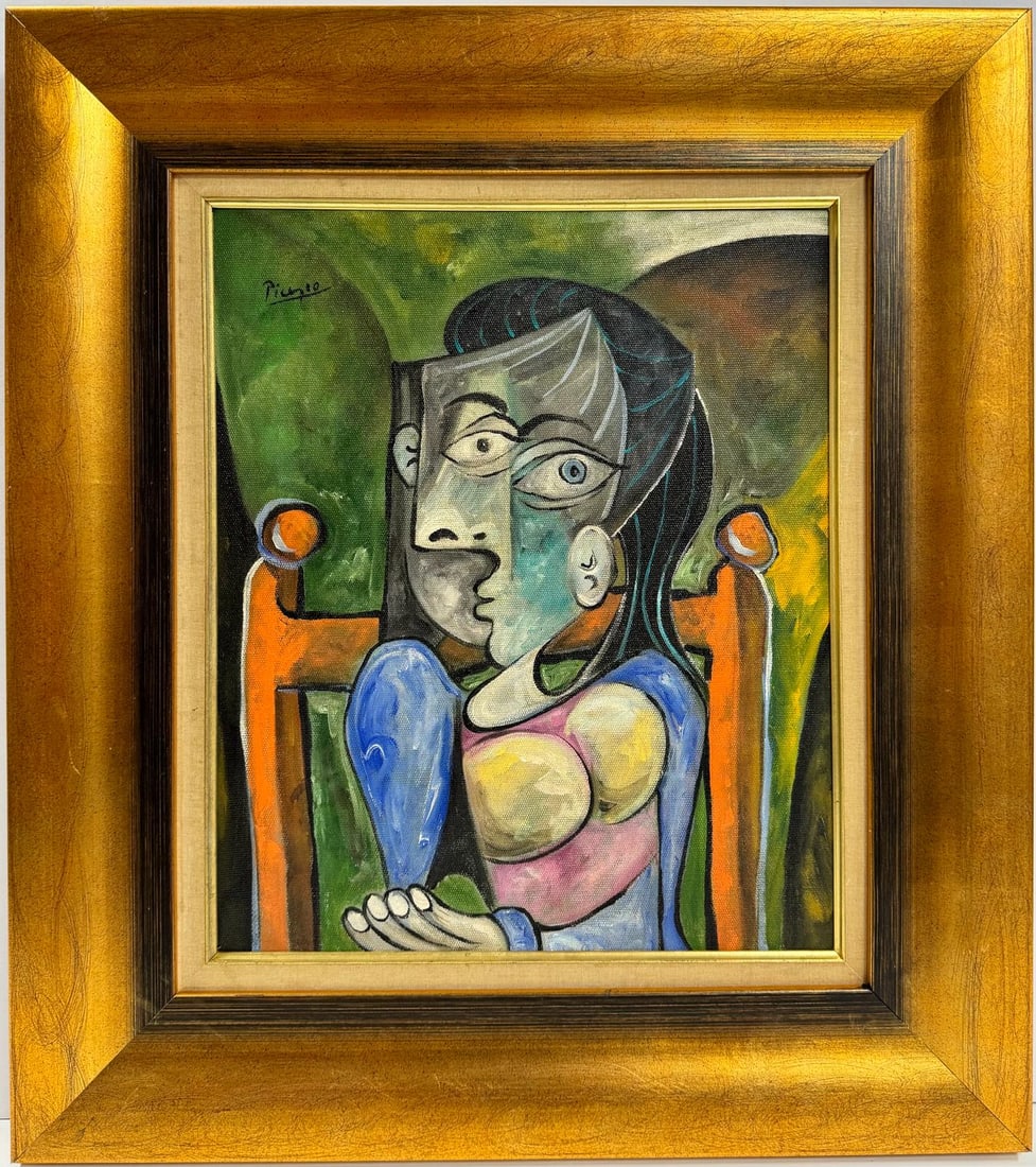Pablo Picasso Spanish 1881-1973 Oil On Canvas Painting in the style of. Dali, Magritte, Era: A framed oil painting measuring 18 x 15 inches depicts a woman with dark hair seated in an orange chair against a green backdrop. This artwork, resides in a private collection. The artist, a prominent