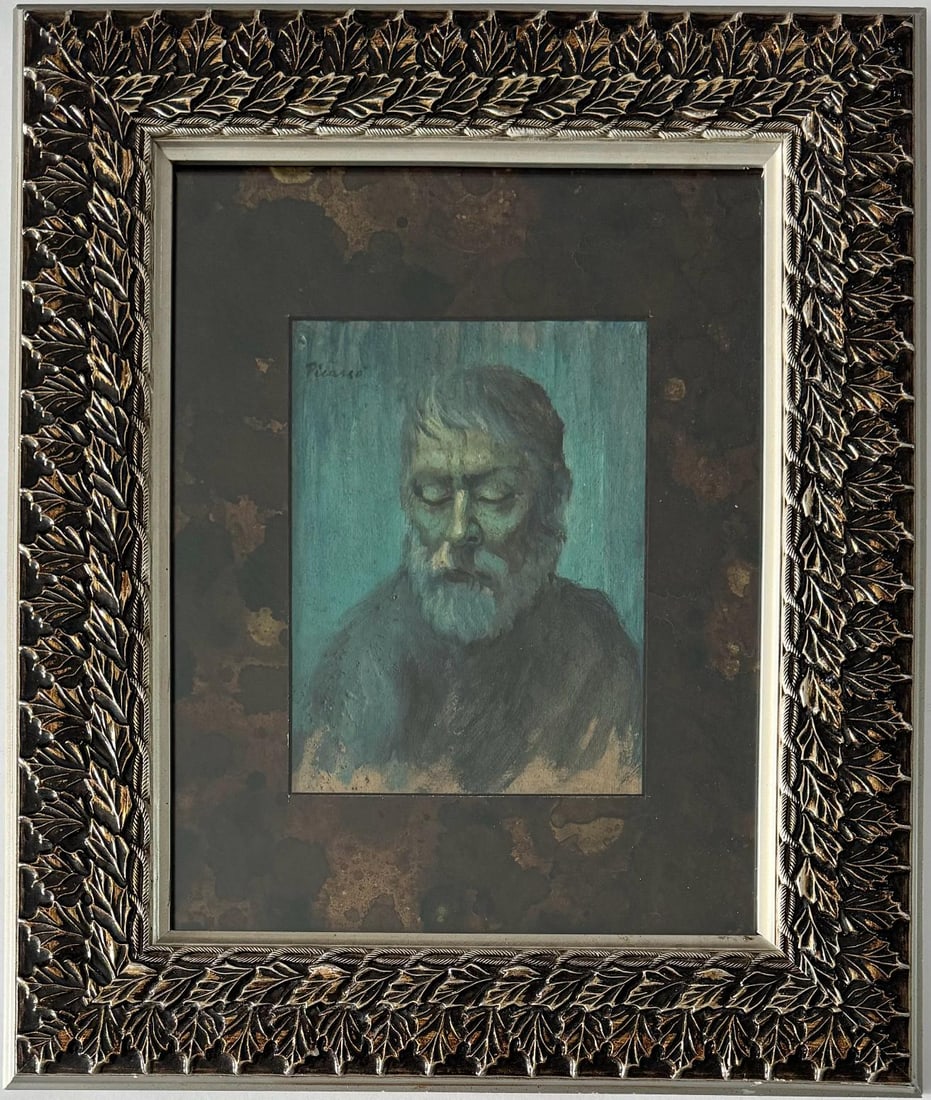 Pablo Picasso Spanish 1881-1973 Oil On Board Painting in the style of. Dali, Magritte, Era: A framed oil painting, sized at 8.5 x 7 inches, portrays an elderly man with closed eyes evoking a cold atmosphere. This artwork, resides in a private collection. The artist, a prominent Spanish creat