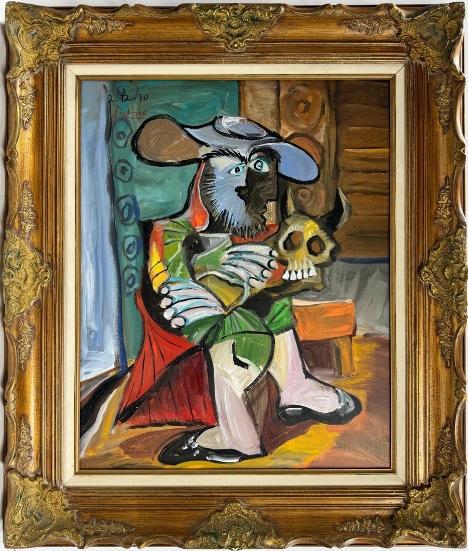 Pablo Picasso Spanish 1881-1973 Oil On Canvas Painting in the style of. Dali, Magritte, Era: A meticulously crafted oil painting, elegantly framed and spanning 30 x 24 inches, immerses viewers in a scene where a vibrant man, adorned with a distinctive hat, is seated in a chair. His expressive