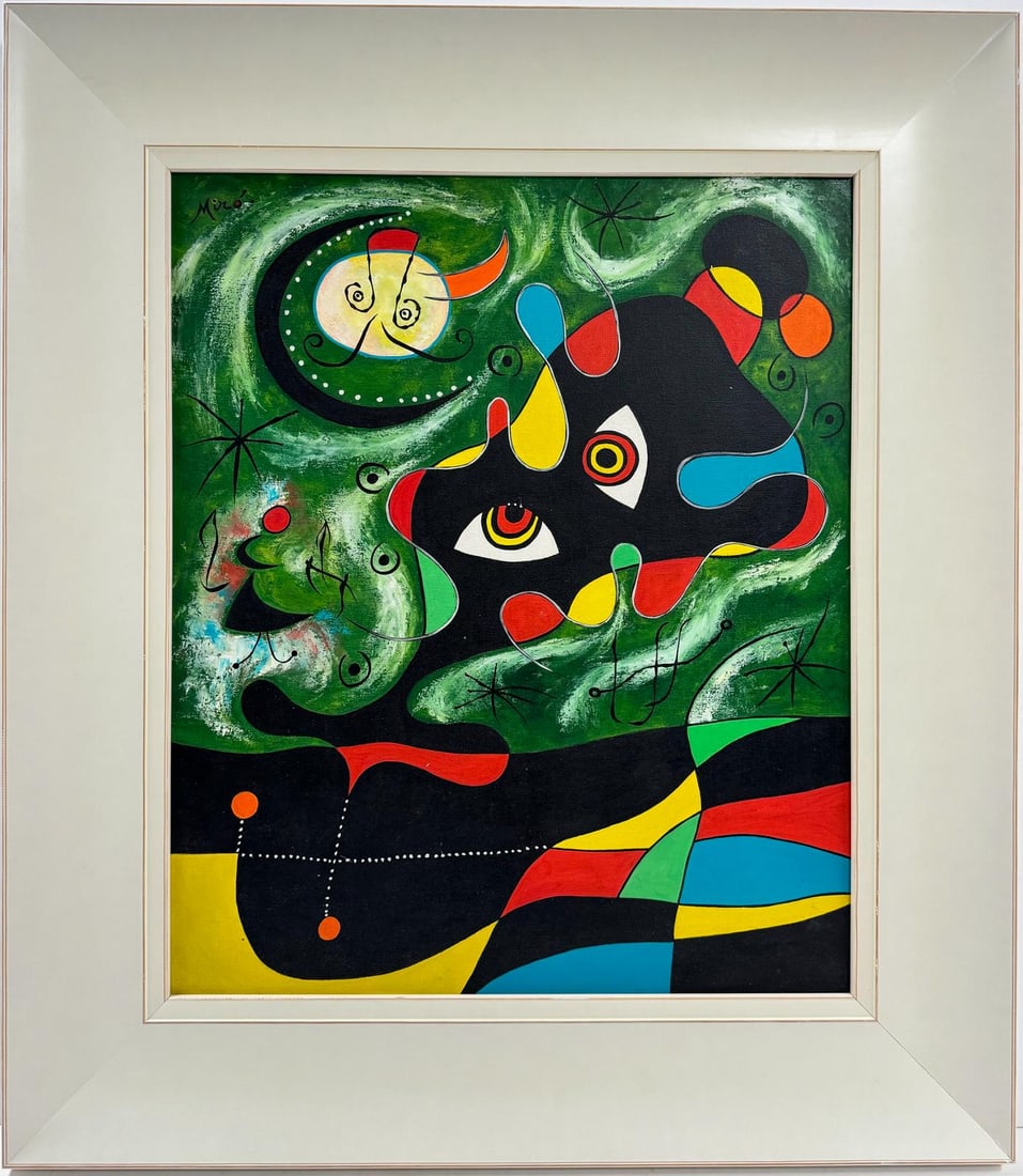 Joan Miro Spanish 1893 - 1983 Oil on Canvas in the style of. Dali Picasso Magritte Chagall Era: This stunning surrealist oil painting, elegantly framed, presents a green backdrop adorned with colorful figures. Measuring 20 x 24 inches. This artwork, skillfully crafted using the oil on canvas tec
