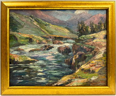 John Russell Australian 1858-1930 Oil on Wood Painting in the style of. Kandinsky. Van Gogh Era: An extraordinary oil painting on wood captures the majestic scenery of a river winding its way through towering mountains. The artwork measures 19 x 24 inches and is elegantly framed. It resides in a