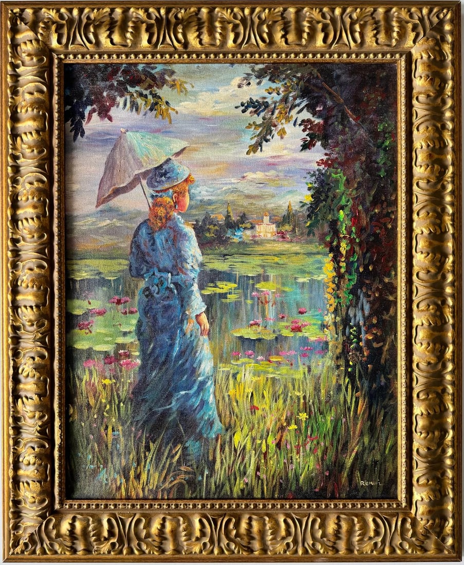 Pierre Auguste Renoir French 1841-1919 Oil on Canvas in the style of. Monet Klimt Degas Schiele Era: A beautifully framed oil painting on canvas features a youthful woman holding an umbrella, her gaze fixed upon the distant horizon, enveloped by the splendor of nature. The artwork measures 23.5 x 18 