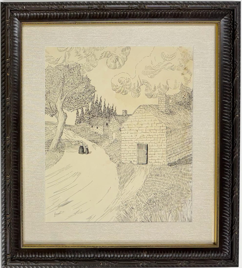 Vincent Van Gogh Dutch 1853-1890 Ink on Paper painting in the style style of. Gaugin, Degas Era: An ink painting on paper captures the essence of rural life, depicting quaint houses nestled amidst lush nature. In the scene, two females stroll through the serene countryside, adding a touch of huma