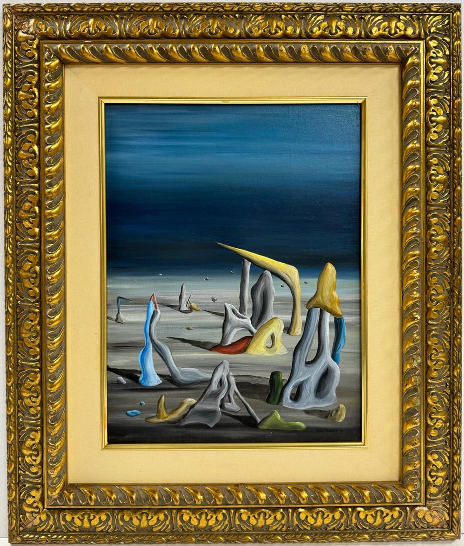 Yves Tanguy French 1900-1955 Oil on canvas painting in the style of. Dali Max Ernst Surrealism: A surrealist oil painting on canvas, measuring 16 x 12 inches, presents an otherworldly landscape with figures set against a backdrop of a blue sky desert. This intriguing artwork, framed and part of