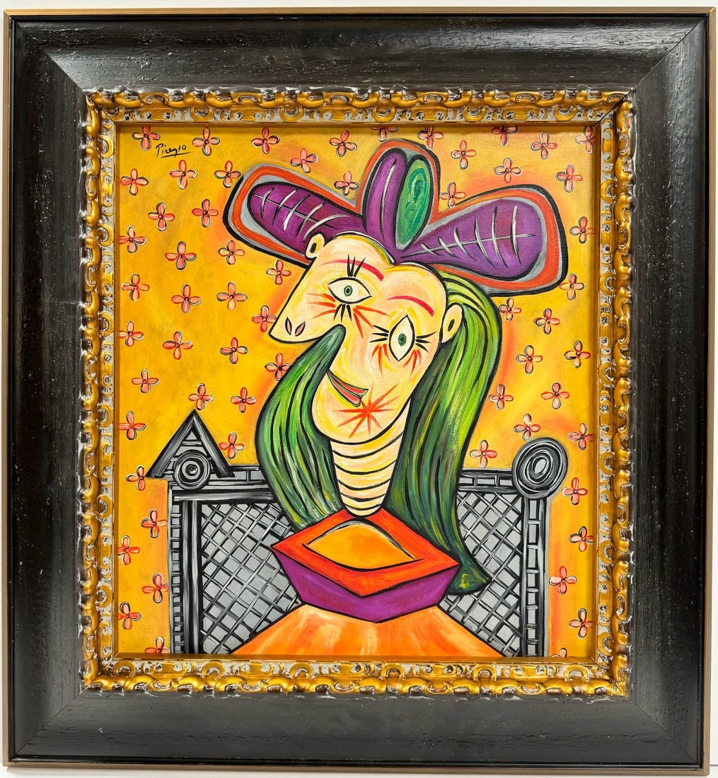 Pablo Picasso Spanish 1881-1973 Beautiful Oil On Canvas Painting In The Style of. Dali Magritte, Era: This oil on canvas painting presents a close-up view of a woman's head, intricately capturing the contours of her face, the delicate features, and the expression in her eyes. The unique hat atop her h