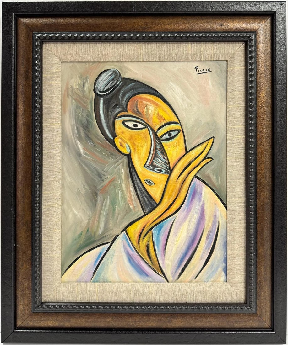 Pablo Picasso Spanish 1881-1973 Beautiful Oil On Canvas Painting In The Style of. Dali Magritte, Era: The oil on canvas painting portrays a detailed portrait of a woman, capturing her likeness with precision and depth. Her hand delicately rests on her shoulder, adding a subtle yet intimate touch to th