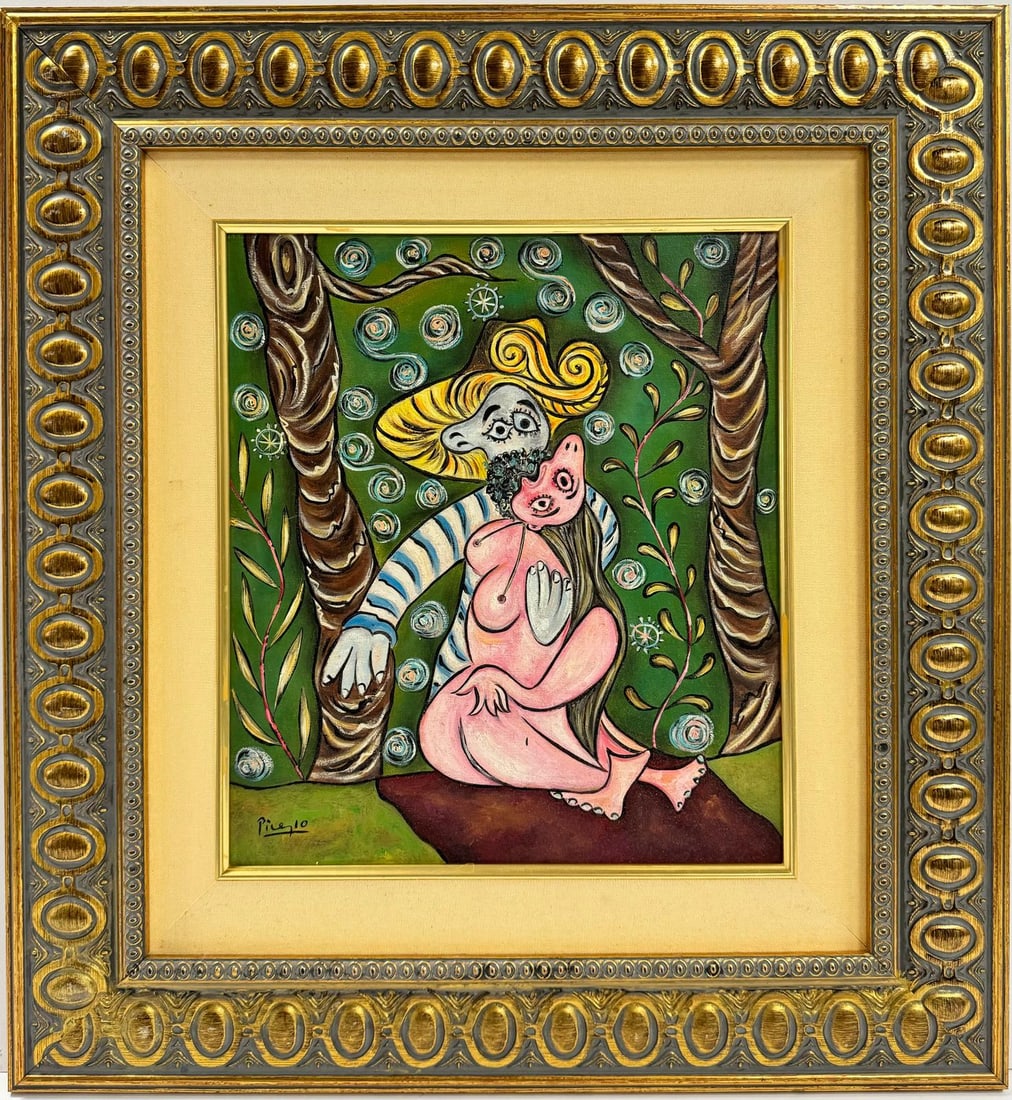 Pablo Picasso Spanish 1881-1973 Beautiful Oil On Canvas Painting In The Style of. Dali Magritte, Era: This oil on canvas painting from a private collection depicts a couple in an intimate position amidst the enchanting embrace of a forest. The scene exudes a sense of tranquility and closeness, as the 