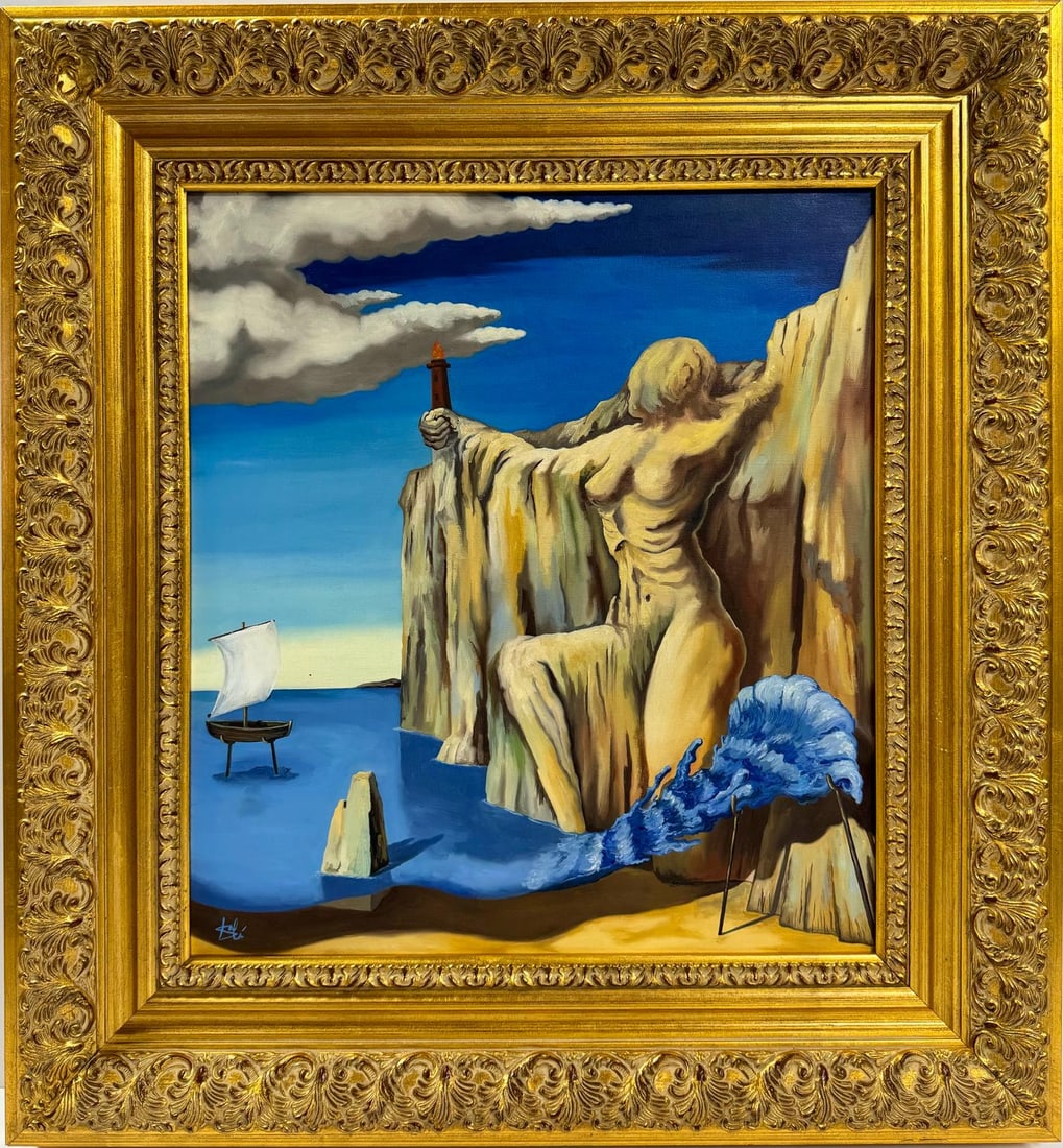 Salvador Dali Spanish 1904 - 1989 Oil on Canvas Painting in the style of. Magritte Ernst Picasso Era: In this surrealistic oil on canvas painting, the ethereal silhouette of a woman's shape emerges against a backdrop of a cloudy sky and a vast blue sea. The woman holds a flickering candle, its warm gl