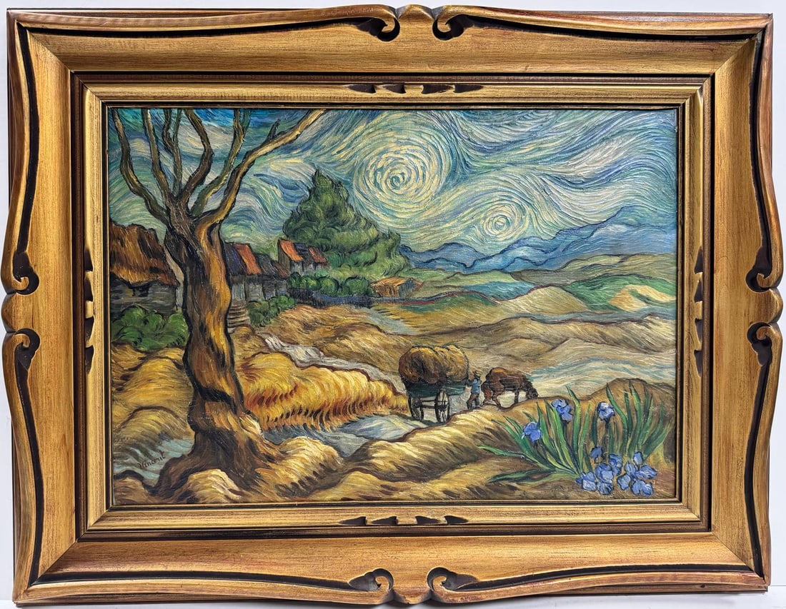 Vincent Van Gogh Dutch 1853-1890 Oil on canvas painting in the style style of. Gaugin, Degas Era: In this beautiful and unique oil on canvas painting, the artist captures a serene rural landscape with exquisite detail and charm. A man and his horse are depicted strolling along a tranquil pathway, 