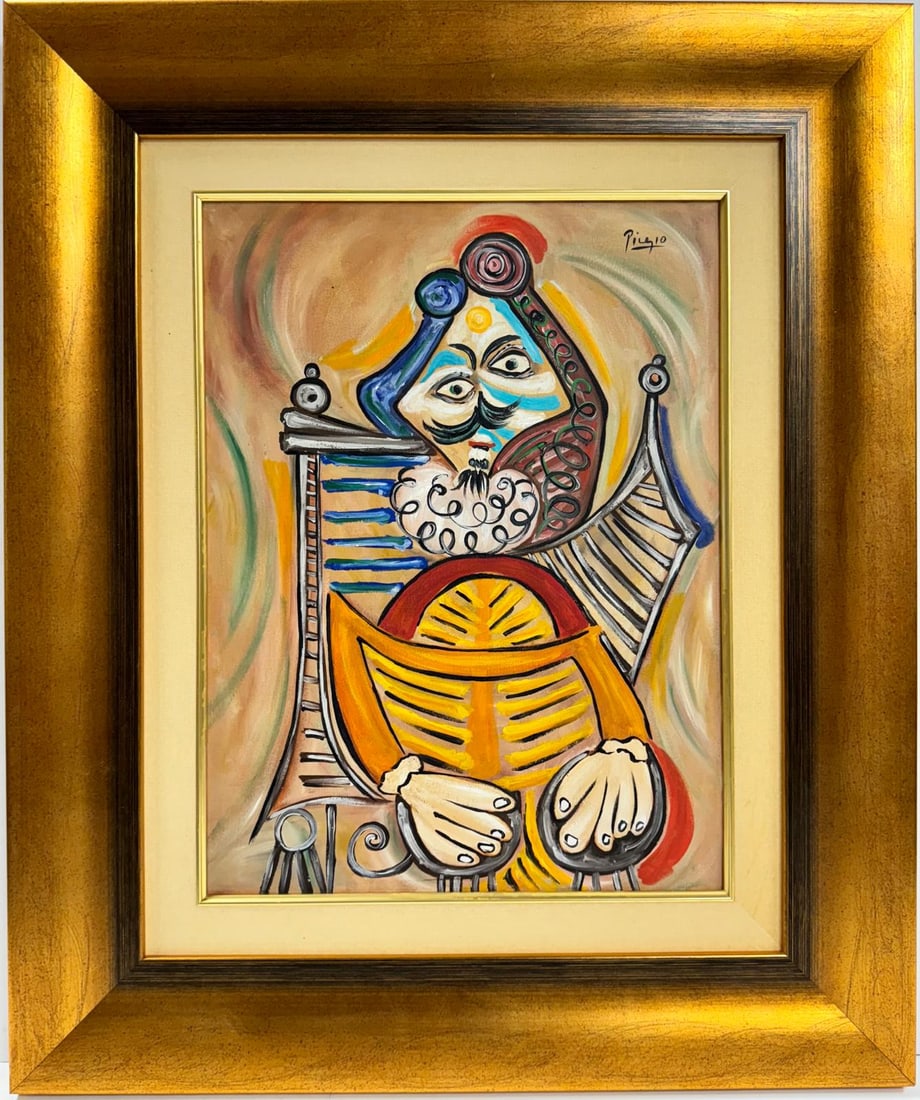 Pablo Picasso Spanish 1881-1973 Beautiful Oil On Canvas Painting In The Style of. Dali Magritte, Era: A framed oil painting on canvas, measuring 20 x 15 inches, depicts a distinguished male character sporting a moustache. He is seated in a chair, dressed in a unique and eye-catching outfit. This artwo